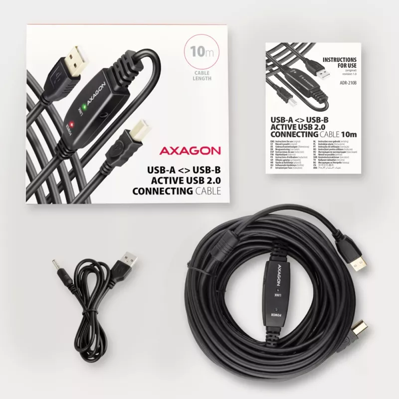 Axagon ADR-210B aktives Verbindungs-/Repeaterkabel USB 2.0 A-Stecker auf B-Stecker, 10 m