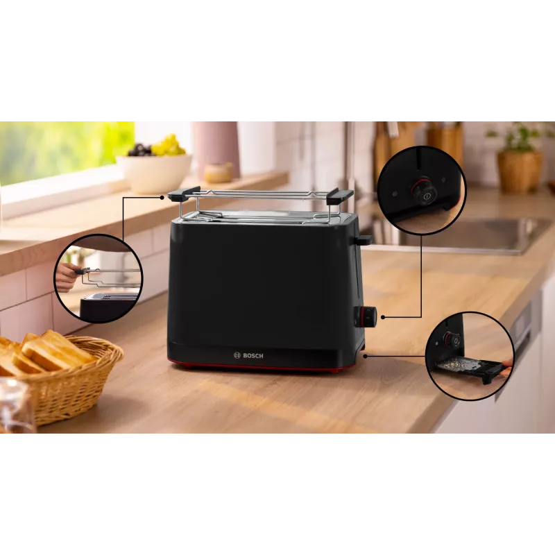 Toaster Bosch TAT3M123 2-Scheiben, 950 W, schwarz, Drehregler, Auftauen & Aufwärmen