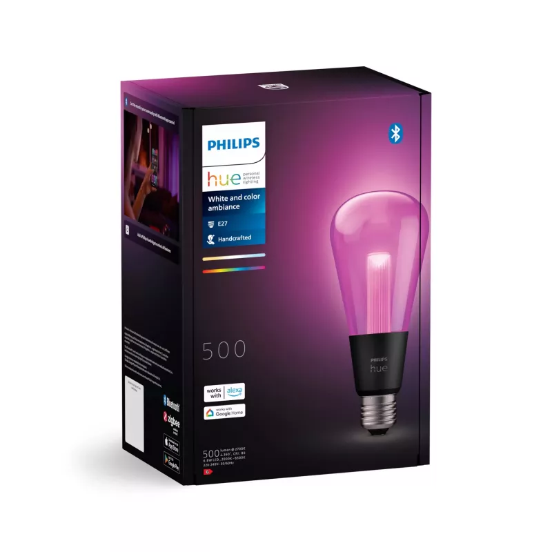 Philips Hue White and Colour Ambience ST72 – E27 Smart Bulb, Bluetooth/Zigbee, LED, E27, ST72, 2000 K, 6500 K