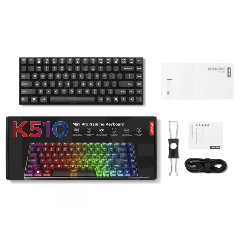 Mechanische Gaming-Tastatur Lenovo Legion K510 Mini Pro 75% US-Englisch, 84 Tasten, RGB, USB, 1,8 m Kabel, Schwarz/Transparent