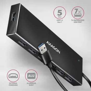Axagon HUE-F7A 7x USB 3.2 Gen 1 ALU FLAT Hub micro power IN 1m USB-A USB 3.2 Gen 1 (3.1 Gen 1) Type-A 5000 Mbit/s Schwarz