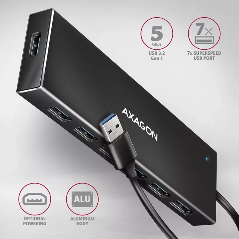 Axagon HUE-F7A 7x USB 3.2 Gen 1 ALU FLAT Hub micro power IN 1m USB-A USB 3.2 Gen 1 (3.1 Gen 1) Type-A 5000 Mbit/s Schwarz