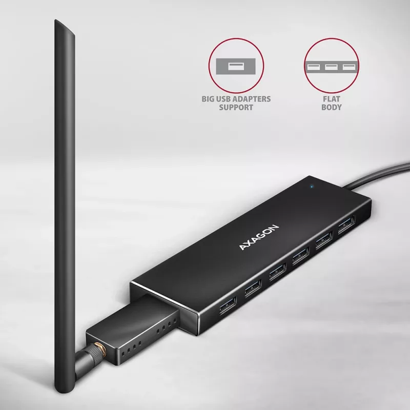 Axagon HUE-F7A 7x USB 3.2 Gen 1 ALU FLAT Hub micro power IN 1m USB-A USB 3.2 Gen 1 (3.1 Gen 1) Type-A 5000 Mbit/s Schwarz