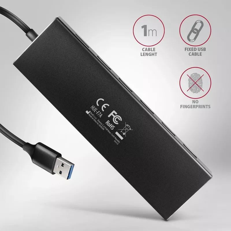 Axagon HUE-F7A 7x USB 3.2 Gen 1 ALU FLAT Hub micro power IN 1m USB-A USB 3.2 Gen 1 (3.1 Gen 1) Type-A 5000 Mbit/s Schwarz