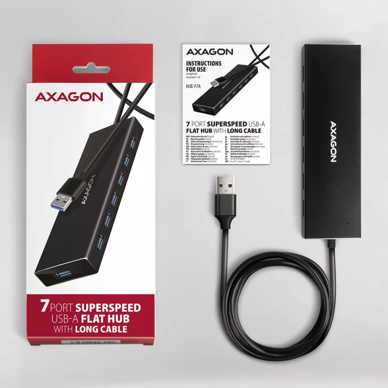 Axagon HUE-F7A 7x USB 3.2 Gen 1 ALU FLAT Hub micro power IN 1m USB-A USB 3.2 Gen 1 (3.1 Gen 1) Type-A 5000 Mbit/s Schwarz