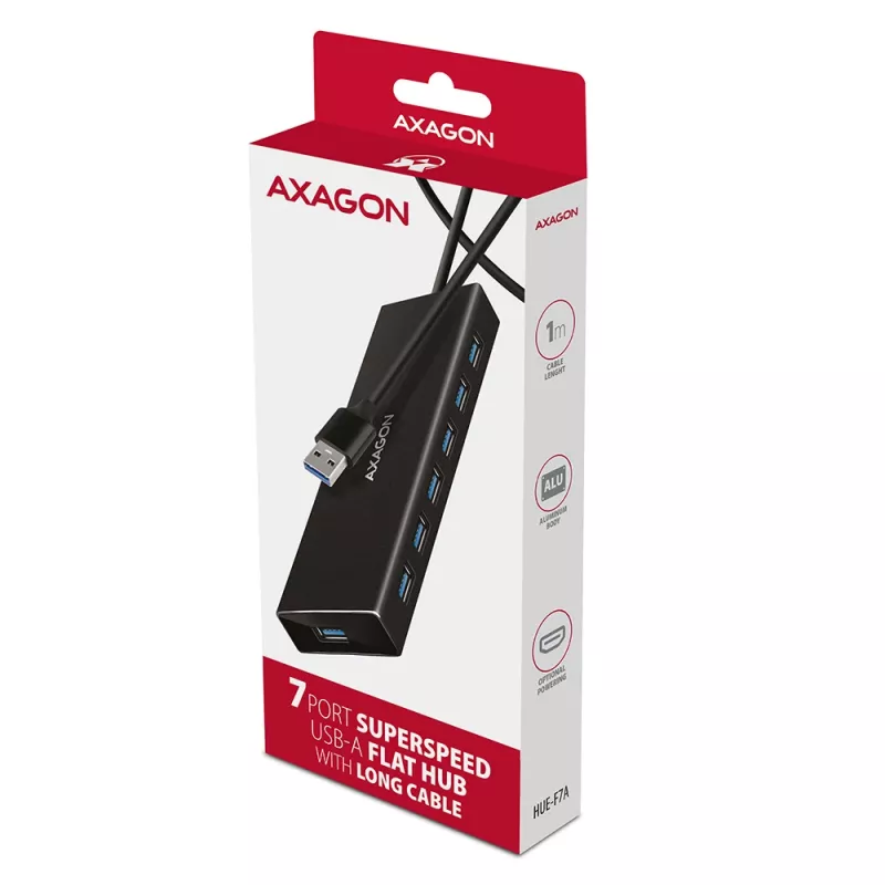 Axagon HUE-F7A 7x USB 3.2 Gen 1 ALU FLAT Hub micro power IN 1m USB-A USB 3.2 Gen 1 (3.1 Gen 1) Type-A 5000 Mbit/s Schwarz