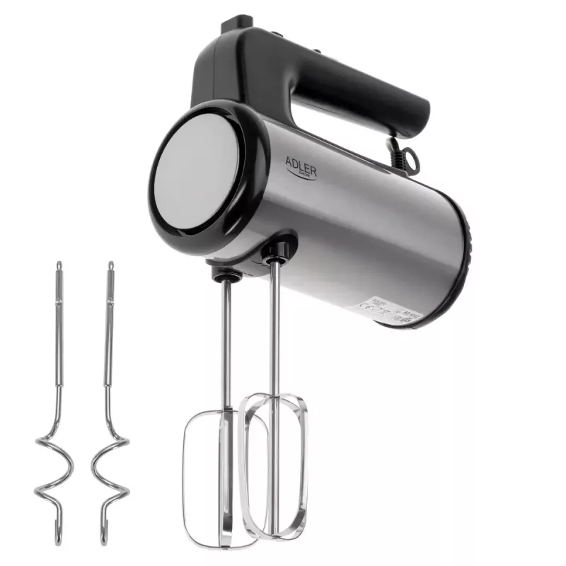Handmixer Adler AD 4232 — 900 W, 5 Geschwindigkeiten + Turbo, Edelstahl-Aufsätze, schwarz/silber