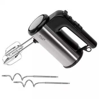 Handmixer Adler AD 4232 — 900 W, 5 Geschwindigkeiten + Turbo, Edelstahl-Aufsätze, schwarz/silber