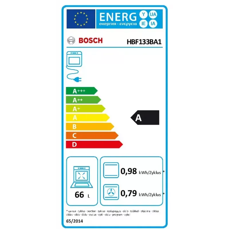 Einbau-Elektrobackofen Bosch HBF133BA1 — 66 L, Energieklasse A, Umluft, Grill, Touch- und Drehregler, schwarz