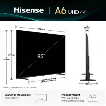 Hisense 85A6Q TV 2,16 m (85 Zoll) 4K Ultra HD Smart TV Wi-Fi Schwarz 400 cd/m²