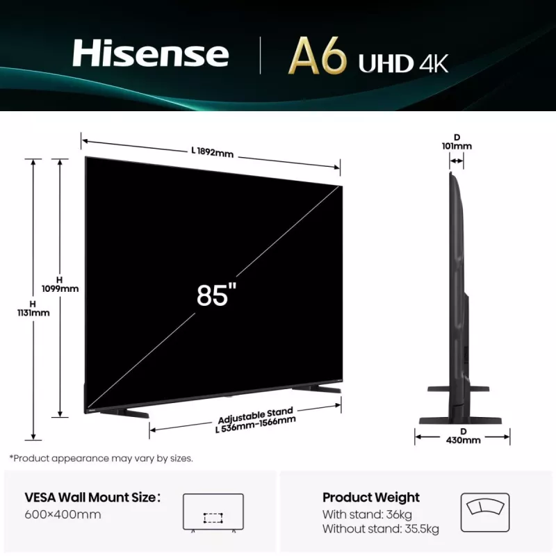 Hisense 85A6Q TV 2,16 m (85 Zoll) 4K Ultra HD Smart TV Wi-Fi Schwarz 400 cd/m²