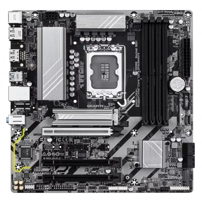 GIGABYTE B860M DS3H Mainboard - Intel Core Ultra Series CPUs, 5+1+2+1 Phasen VRM, bis zu 9066MHz DDR5, 1xPCIe 5.0 + 1xPCIe 4.0 M.2, 2.5GbE LAN, USB 3.2 Gen 2