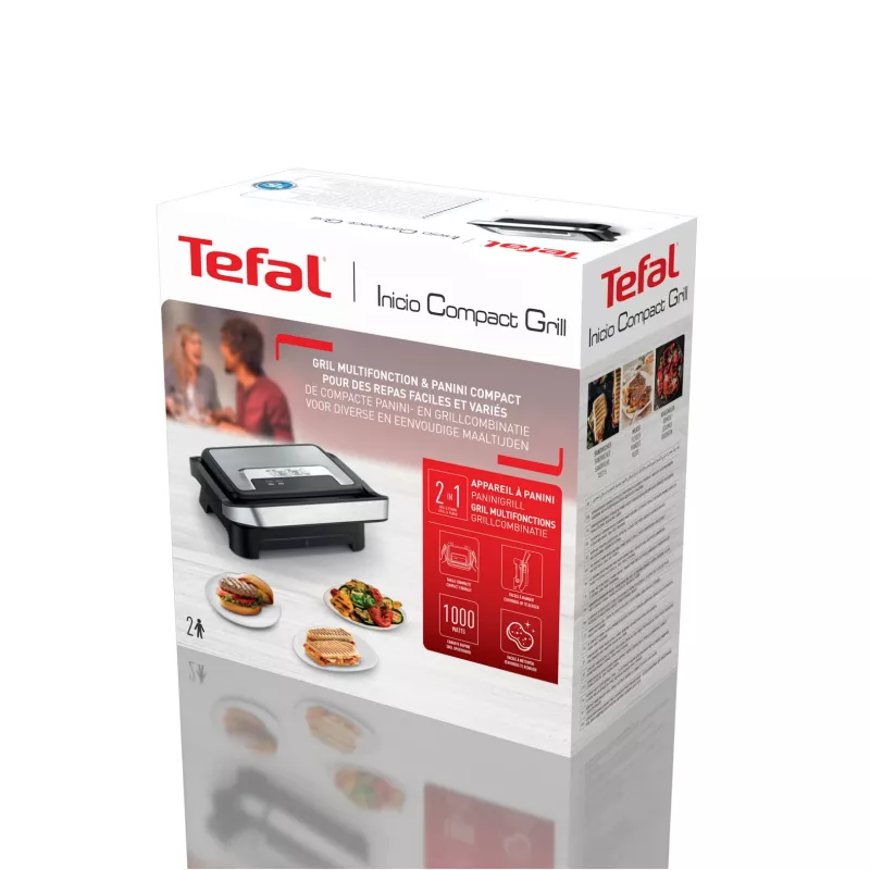 Kontaktgrill Tefal Inicio Compact GC270D10 — rechteckig 1000 W, Grillrost-Oberseite, schwarz/Edelstahl
