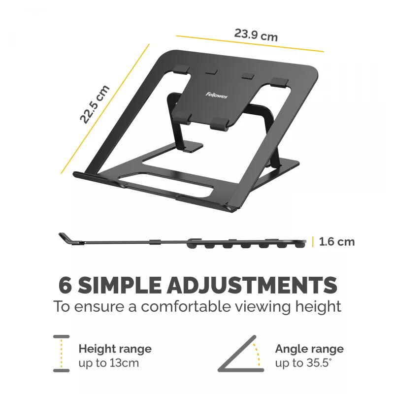 Fellowes Alumia Laptop Riser Tragbarer Laptopständer Max. Größe 15 Zoll Max. Gewicht 5kg Schwarz