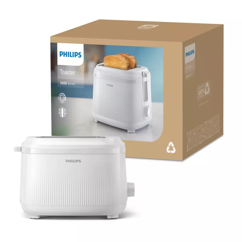 Philips 3000 series Toaster, 2 Scheiben, Weiß, Metall, Tasten, Drehregler, 900 W, 220-240 V
