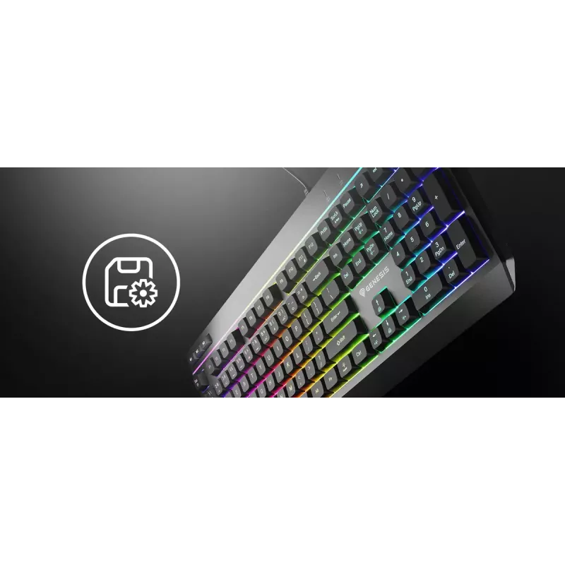 Kabelgebundene Full-Size-Gaming-Tastatur Genesis Rhod 530, USB, QWERTY US, Membran, RGB-Beleuchtung, 114 Tasten, 1,8 m Kabel, Schwarz