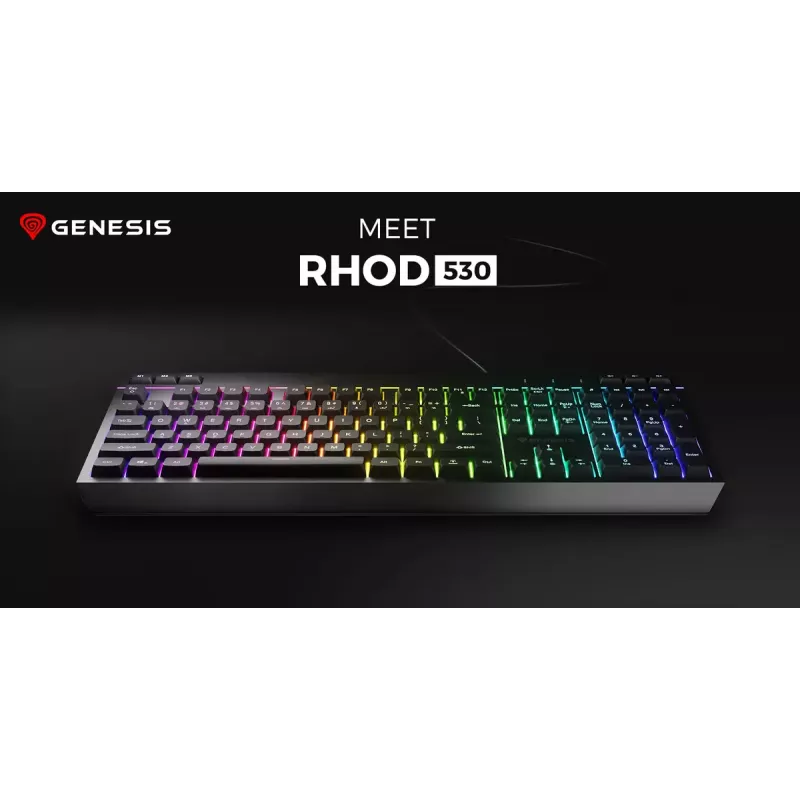 Kabelgebundene Full-Size-Gaming-Tastatur Genesis Rhod 530, USB, QWERTY US, Membran, RGB-Beleuchtung, 114 Tasten, 1,8 m Kabel, Schwarz