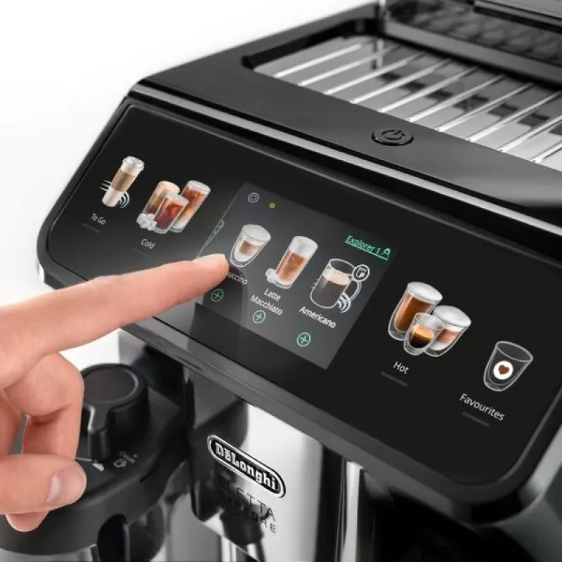 Espressomaschine De’Longhi Eletta Explore – vollautomatisch, 1,8-Liter-Wassertank, 300-g-Bohnenbehälter, 19 bar, TFT-Touchdisplay