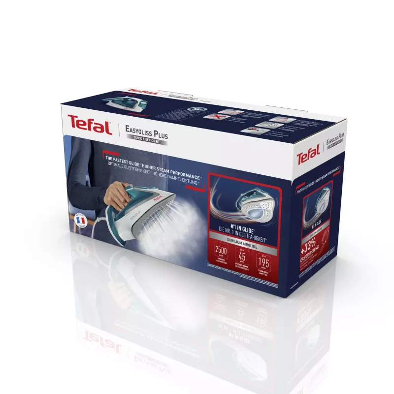 Tefal EasyGliss Plus FV5718 Bügeleisen Dampfbügeleisen Durilium-Bügelsohle 2400 W Türkis, Weiß