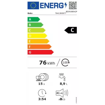 BEKO Geschirrspüler | BDIN38542P | Einbau | Breite 60 cm | Anzahl Maßgedecke 15 | Anzahl Programme 8 | Energieeffizienzklasse C | Anzeige | AquaStop-Funktion | Weiß