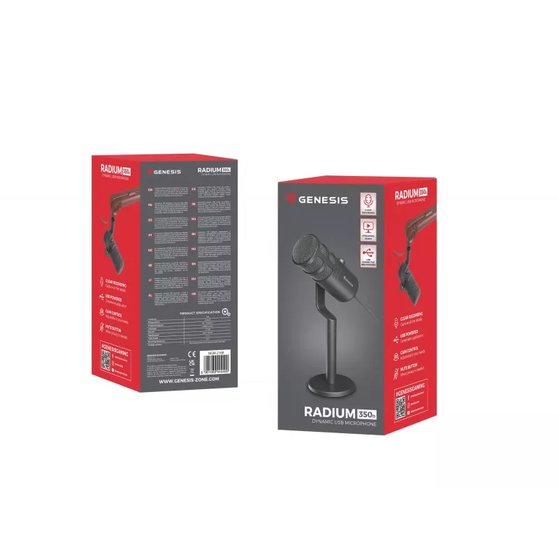 Kabelgebundenes PC-Mikrofon GENESIS Radium 350D – USB Typ-A/Typ-C, -48 dB Empfindlichkeit, 16–14.000 Hz, 2,5 m Kabel, schwarz