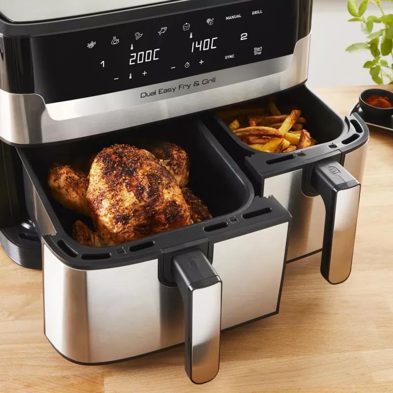 Tefal Dual Easy Fry & Grill EY905D Double 8,3 L Standgerät 2700 W Heißluftfritteuse Edelstahl