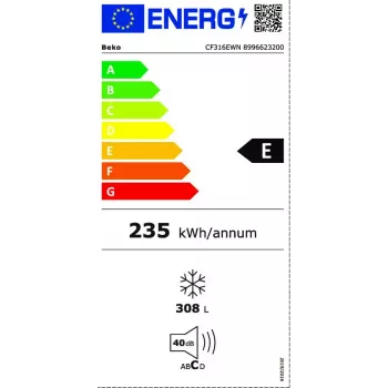 Gefriertruhe BEKO CF316EWN, 308 L Nutzinhalt, Energieeffizienzklasse E, 235 kWh/Jahr, 40 dB, weiß