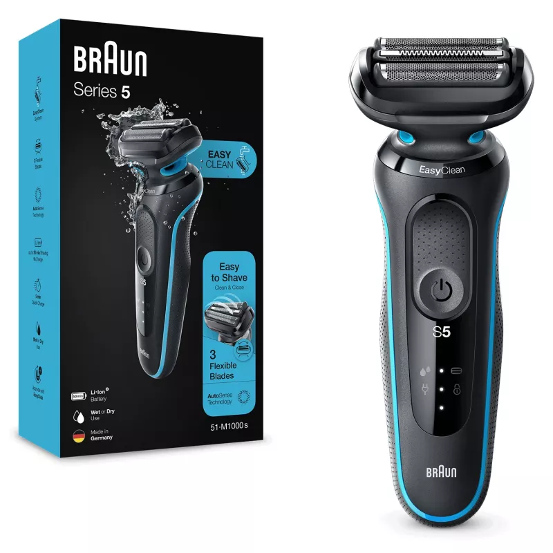 Folienrasierer BRAUN Series 5 51-M1000s — 3-Kopf, Nass & Trocken, Li‑Ion Akku, Schnellladung, Schwarz/Blau