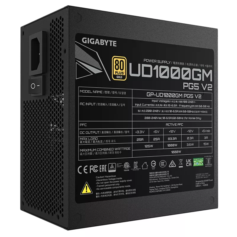 GIGABYTE UD1000GM PG5 V2 Netzteil – PCIe Gen 5.1, 80 PLUS Gold, vollmodularer Aufbau, 120-mm-Lüfter, ATX 3.1-kompatibel, EU-Stecker