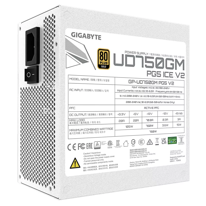 Netzteil GIGABYTE UD750GM PG5 V2 750W ATX 3.1, 80 PLUS Gold, vollmodular, 8 SATA, 4x (6+2) PCIe, 2x EPS, weiß