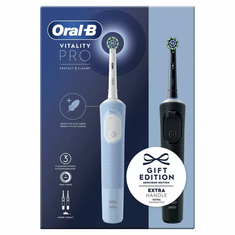Oral-B Vitality Pro Duo Rotierend-oszillierende Zahnbürste für Erwachsene, Schwarz, Blau, Weiß