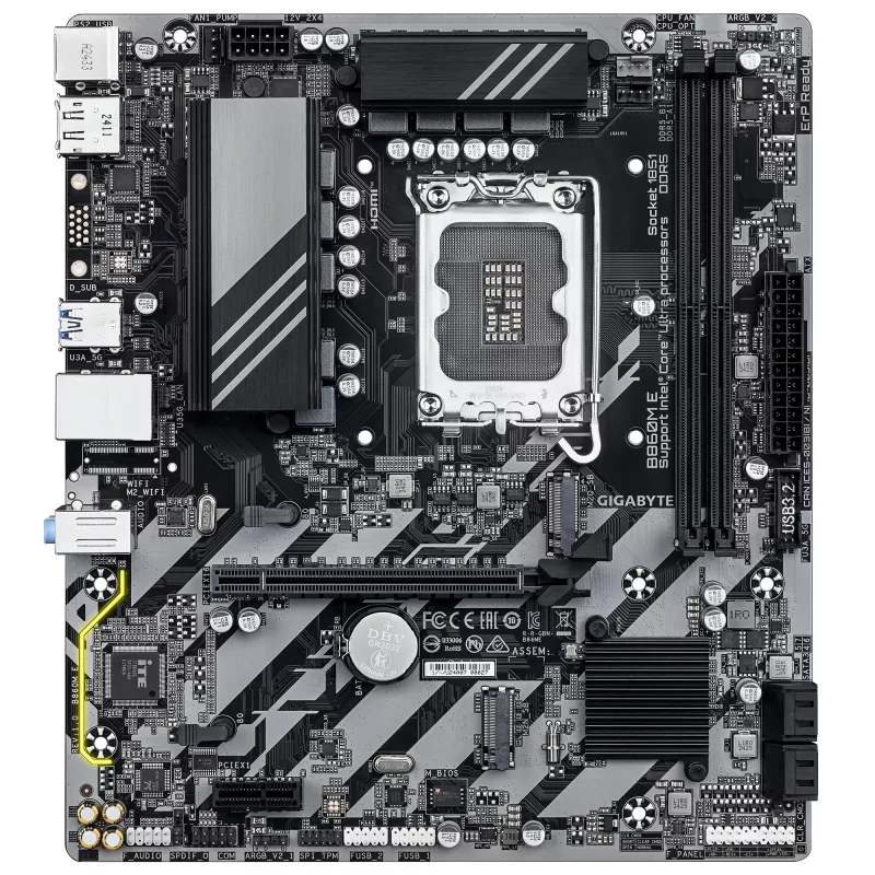 Micro-ATX-Mainboard GIGABYTE B860M E — LGA 1851 für Intel Core Ultra, DDR5 bis 8800 MHz (O.C.), 2×PCIe 4.0 M.2, 1GbE