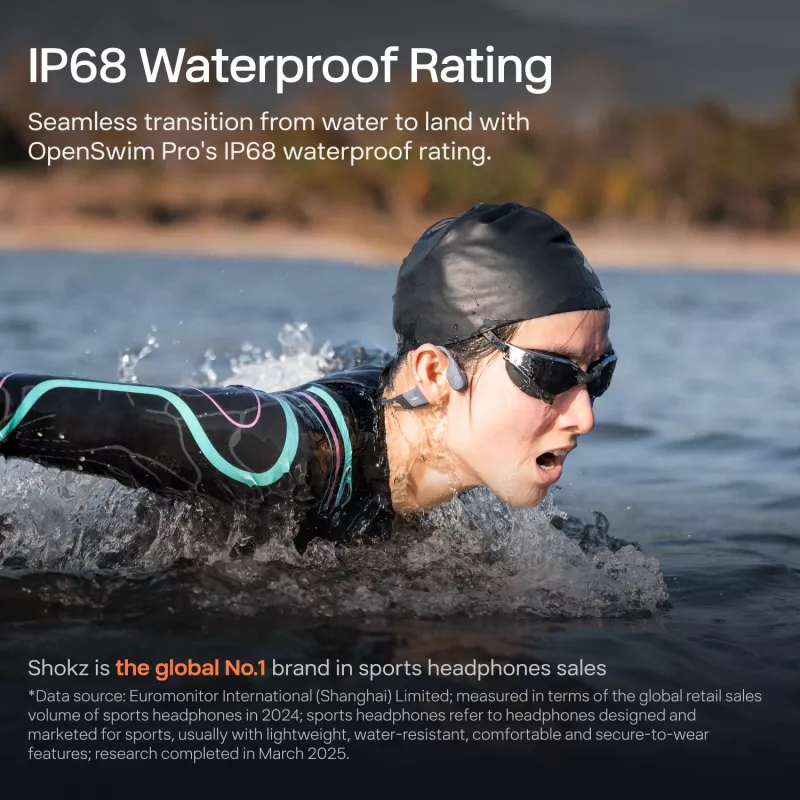 Headset Shokz OpenSwim Pro — kabelloses Open-Ear-Knochenleitungs-Headset, IP68 wasserdicht, Bluetooth 5.4, 32 GB, 9 Std. Wiedergabe, grau