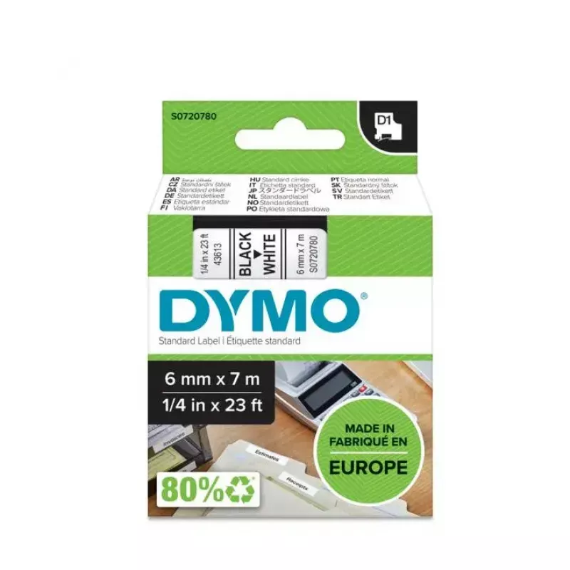 DYMO Authentic D1 Labels | Schwarzer Druck auf weißem Band | 6 mm x 7 m | Selbstklebende Etiketten für LabelManager Etikettendrucker | Hergestellt in Europa