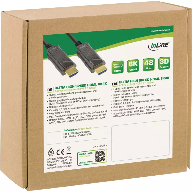 InLine HDMI AOC Kabel, Ultra High Speed HDMI Kabel, 8K4K, schwarz, 20 m