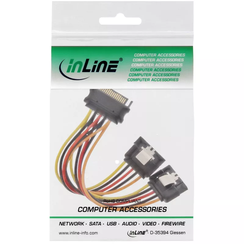 InLine SATA-Strom-Y-Kabel Buchse / 2x Stecker mit Sicherheitsverriegelung, 0,15m