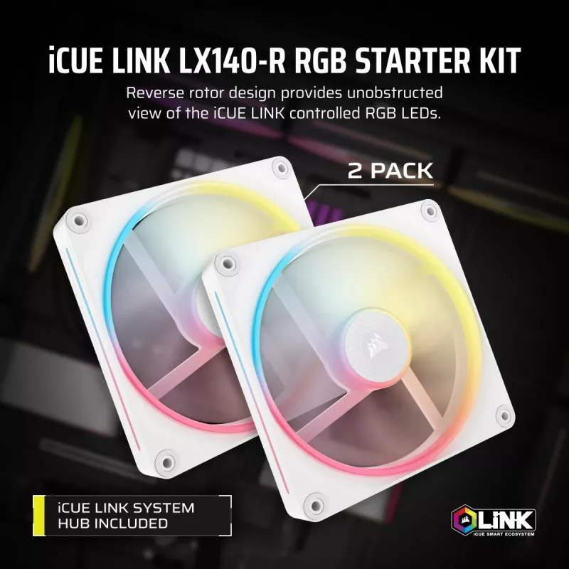 CORSAIR Icue Link Lx140-r RGB 140mm PWM Reverse Lüfter Starter-Kit - Weiß