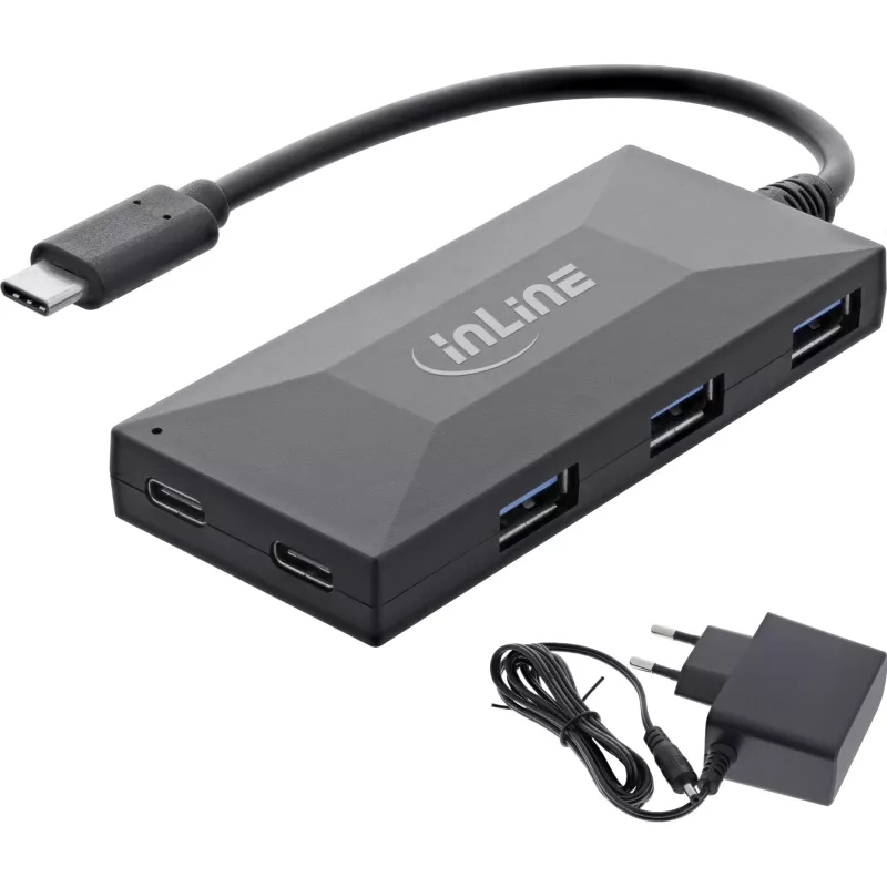 InLine USB 3.2 Gen.1 Hub, USB-C auf 2 Port USB-C und 3 Port USB-A, mit Netzteil