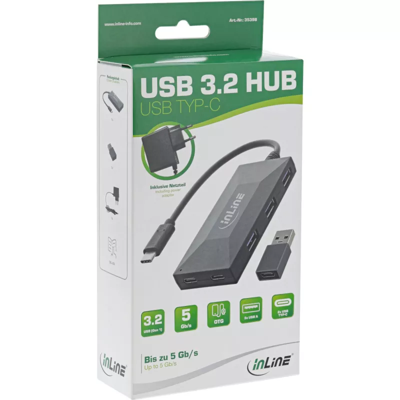 InLine USB 3.2 Gen.1 Hub, USB-C auf 2 Port USB-C und 3 Port USB-A, mit Netzteil