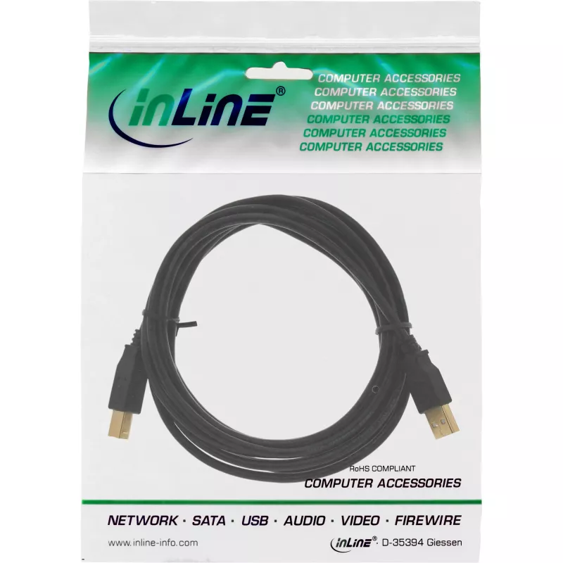 USB 2.0 Kabel Typ A Stecker / Typ B Buchse schwarz vergoldet 2m InLine 34518S