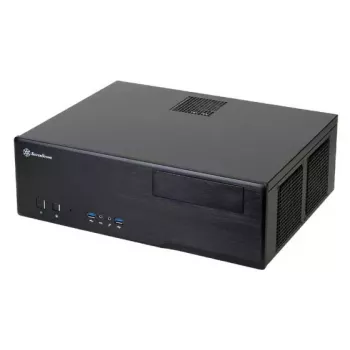 PC-Gehäuse SILVERSTONE Grandia GD05 HTPC Schwarz – Mini‑ITX/DTX/Micro‑ATX, 2×3,5 Zoll + 2×2,5 Zoll, 1×5,25 Zoll, 3×120 mm Seitenlüfter, USB 3.0