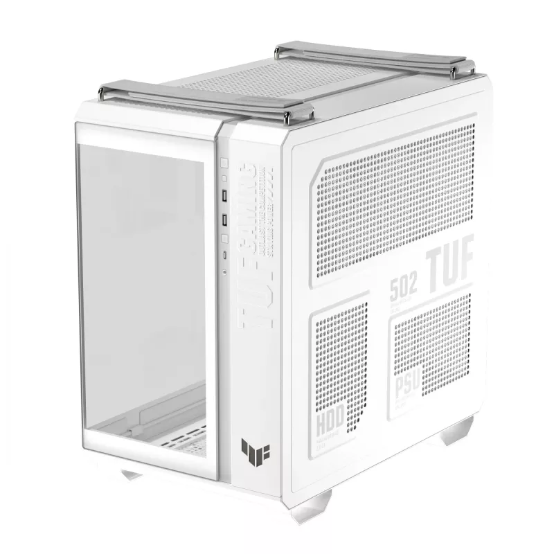 PC-Gehäuse ASUS TUF GAMING GT502 Horizon TG ARGB Weiß — Midi Tower, ATX, gehärtetes Glas, 4×3,5-Zoll-Einschübe, max. GPU 400 mm