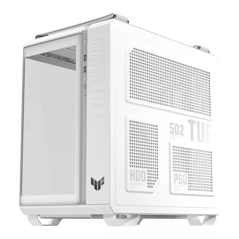 PC-Gehäuse ASUS TUF GAMING GT502 Horizon TG ARGB Weiß — Midi Tower, ATX, gehärtetes Glas, 4×3,5-Zoll-Einschübe, max. GPU 400 mm
