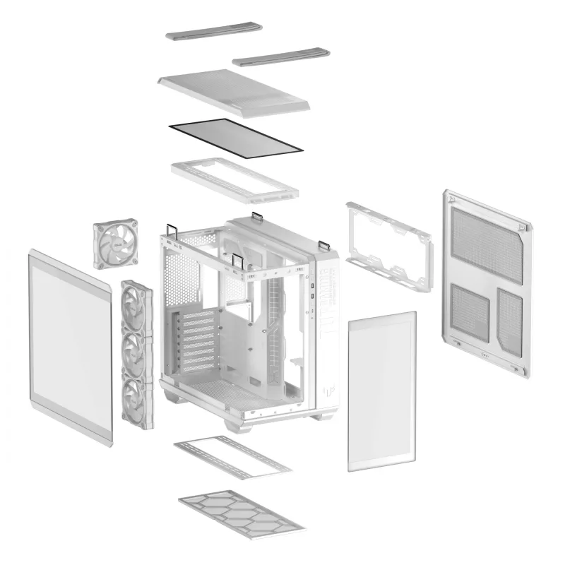 PC-Gehäuse ASUS TUF GAMING GT502 Horizon TG ARGB Weiß — Midi Tower, ATX, gehärtetes Glas, 4×3,5-Zoll-Einschübe, max. GPU 400 mm