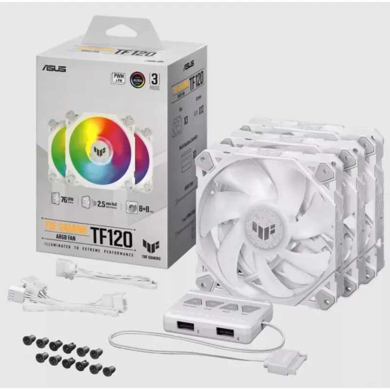 Luftkühler ASUS TUF GAMING TF120 ARGB WHITE EDITION — 3×120 mm Lüfter, 1900 U/min, 29 dB, Fernbedienung