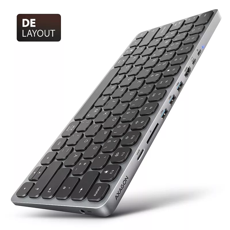 Axagon HMC-KB-GE, USB 5Gbps Hub mit Tastatur, HDMI 4K/60Hz, 3x USB-A, SD/mSD, Audio, PD 100, deutsches Layout
