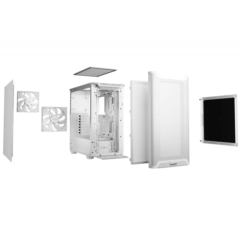 PC-Gehäuse be quiet! PURE BASE 501 Airflow Midi Tower Weiß — ATX, 3×140mm vorne, 1×140 mm hinten, 5×2,5 Zoll, 2×3,5 Zoll, USB‑C, PWM-Unterstützung