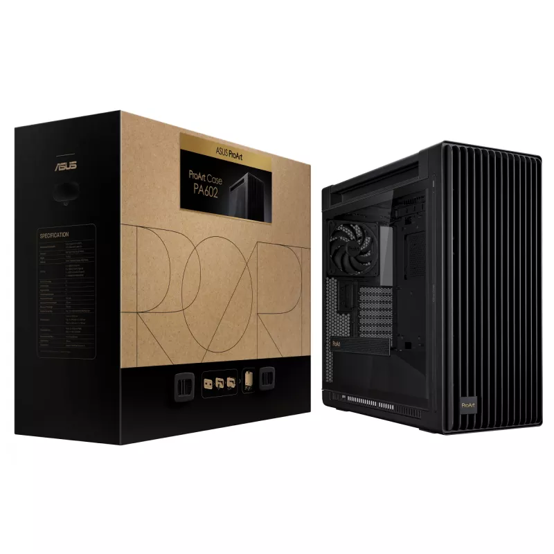 PC-Gehäuse ASUS ProArt PA602 Midi Tower Schwarz – ATX/EATX-Unterstützung, gehärtetes Glas, 2x 200-mm-Frontlüfter, 360-mm-Top-Radiator, GPU bis 450 mm