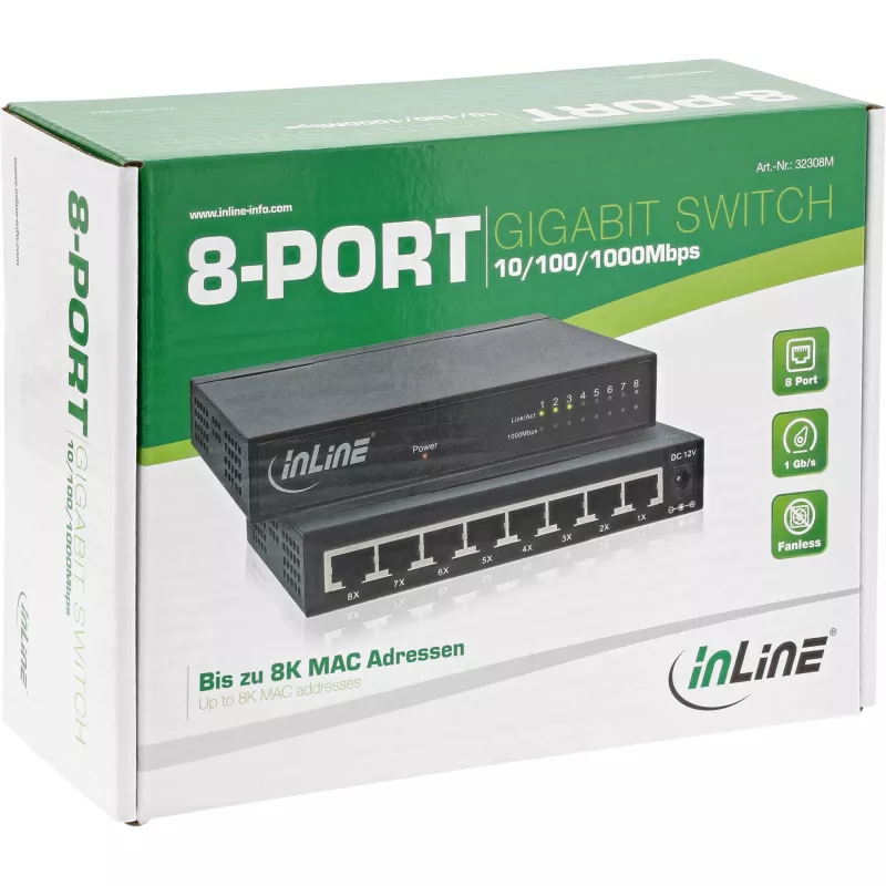 InLine Netzwerk-Switch 8-Port, 1 Gbit/s, Desktop, Metall, lüfterlos, geschirmte Ports