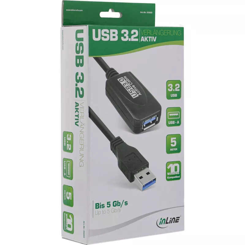 InLine USB3.2 Gen.1 Aktives Repeaterkabel Typ A Stecker / Buchse, schwarz, 5m